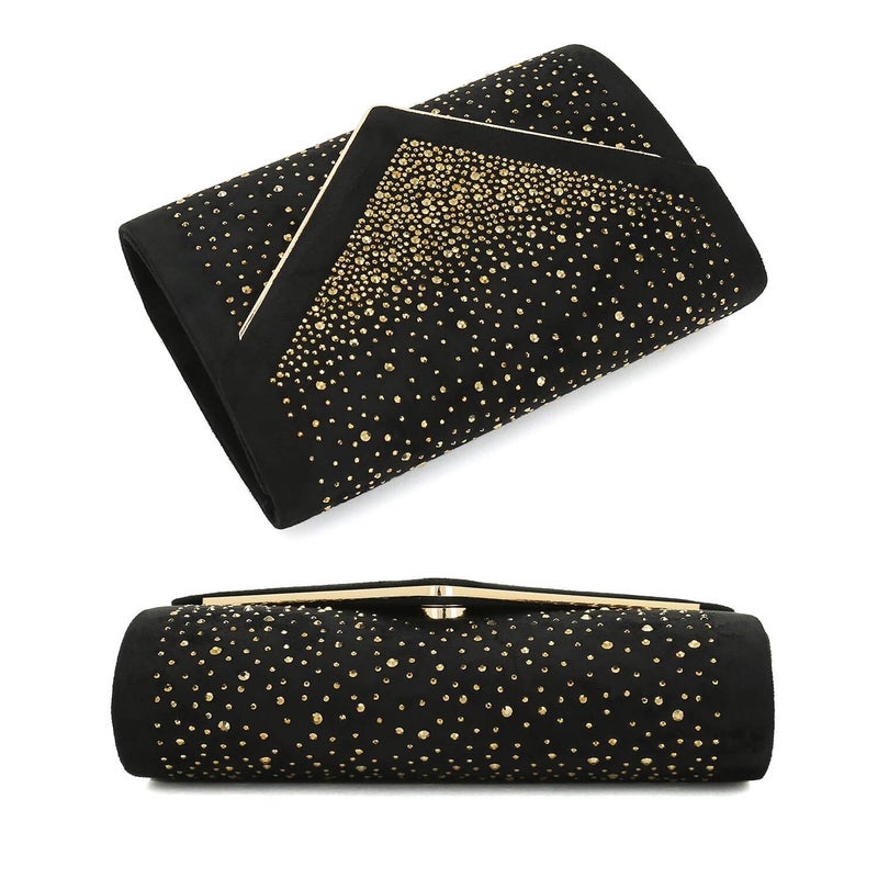 CHARMING TAILOR Envelope Purse Formal Faux Suede Clutch Rhinestone Evening Bag for Women Party Handbag (Black/gold) - Image 5